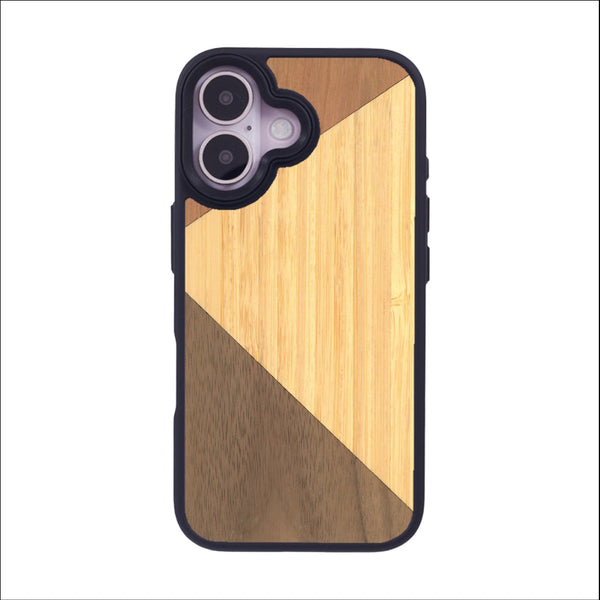 Coque de protection en bois véritable fabriquée en France pour iPhone 16 alliant du merisier, du noyer et du bambou formant chacun deux triangles et un trapèze avec deux jointures en diagonale sur le thème de l'art abstrait