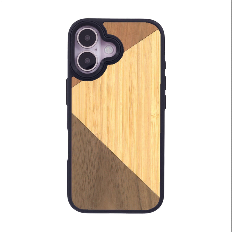 Coque de protection en bois véritable fabriquée en France pour iPhone 16 alliant du merisier, du noyer et du bambou formant chacun deux triangles et un trapèze avec deux jointures en diagonale sur le thème de l'art abstrait