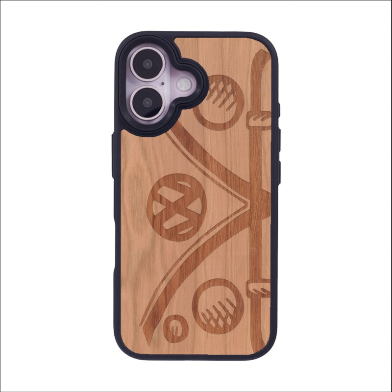 Coque de protection en bois véritable fabriquée en France pour iPhone 16 sur le thème de l'automobile avec un van combi