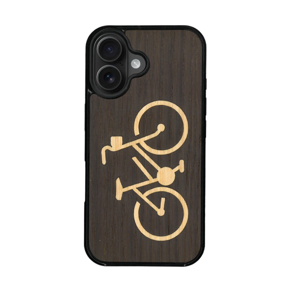 Coque de protection en bois véritable fabriquée en France pour iPhone 16 Plus sur le theme du vélo et de l'outdoor qui allie du bambou et du chêne fumé représentant un vélo