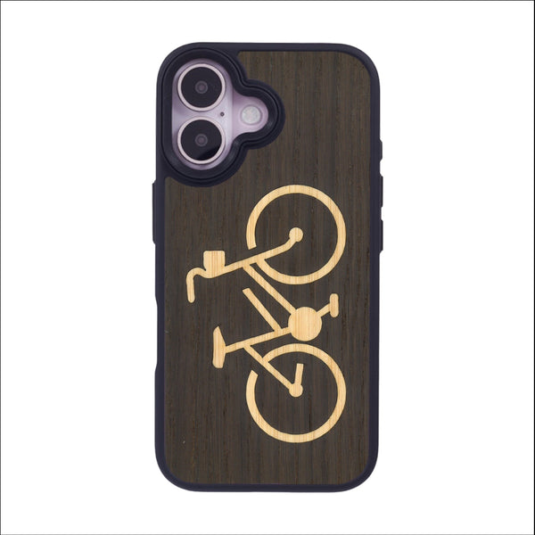 Coque de protection en bois véritable fabriquée en France pour iPhone 16 sur le theme du vélo et de l'outdoor qui allie du bambou et du chêne fumé représentant un vélo