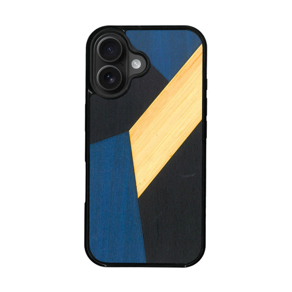 Coque de protection en bois véritable fabriquée en France pour iPhone 16 + MagSafe® alliant du bambou, du tulipier bleu et noir en forme de mosaïque minimaliste sur le thème de l'art abstrait