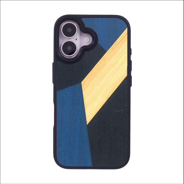 Coque de protection en bois véritable fabriquée en France pour iPhone 16 alliant du bambou, du tulipier bleu et noir en forme de mosaïque minimaliste sur le thème de l'art abstrait