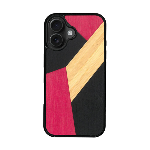 Coque de protection en bois véritable fabriquée en France pour iPhone 16 Plus + MagSafe® alliant du bambou, du tulipier rose et noir en forme de mosaïque minimaliste sur le thème de l'art abstrait