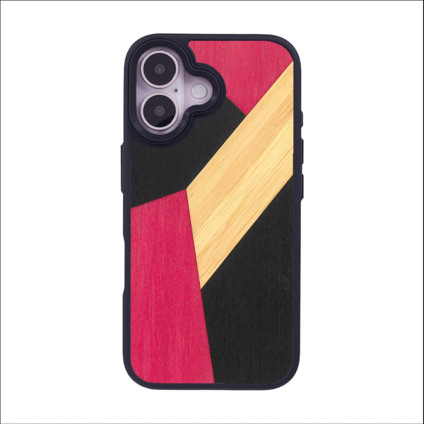 Coque de protection en bois véritable fabriquée en France pour iPhone 16 alliant du bambou, du tulipier rose et noir en forme de mosaïque minimaliste sur le thème de l'art abstrait