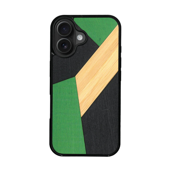 Coque de protection en bois véritable fabriquée en France pour iPhone 16 alliant du bambou, du tulipier vert et noir en forme de mosaïque minimaliste sur le thème de l'art abstrait