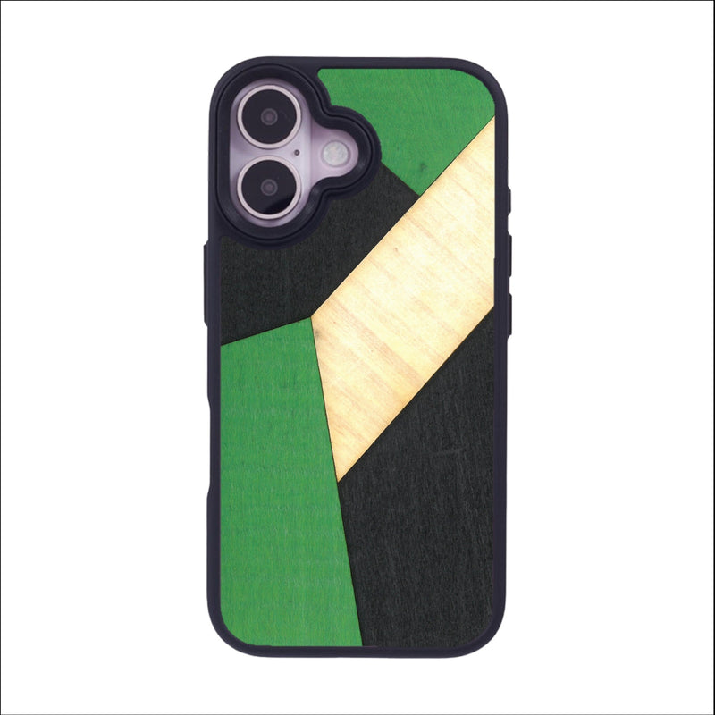 Coque de protection en bois véritable fabriquée en France pour iPhone 16 alliant du bambou, du tulipier vert et noir en forme de mosaïque minimaliste sur le thème de l'art abstrait