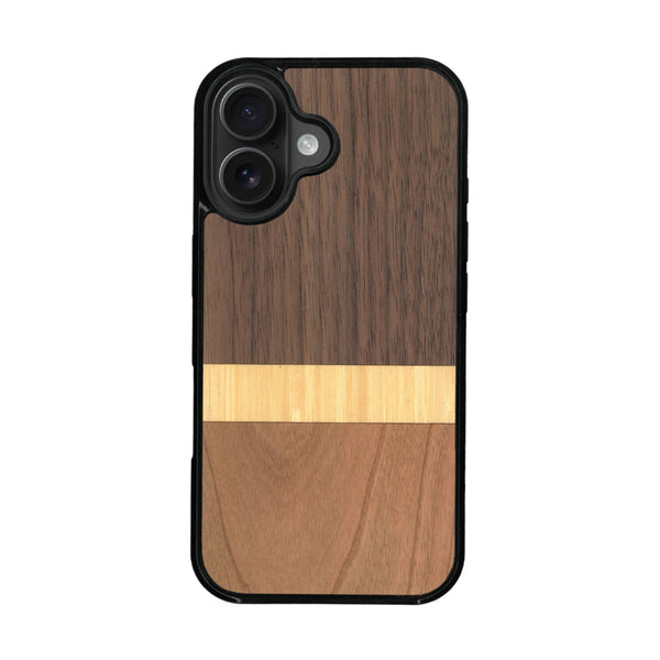 Coque de protection en bois véritable fabriquée en France pour iPhone 16 alliant des bandes horizontales de bambou, merisier et noyer