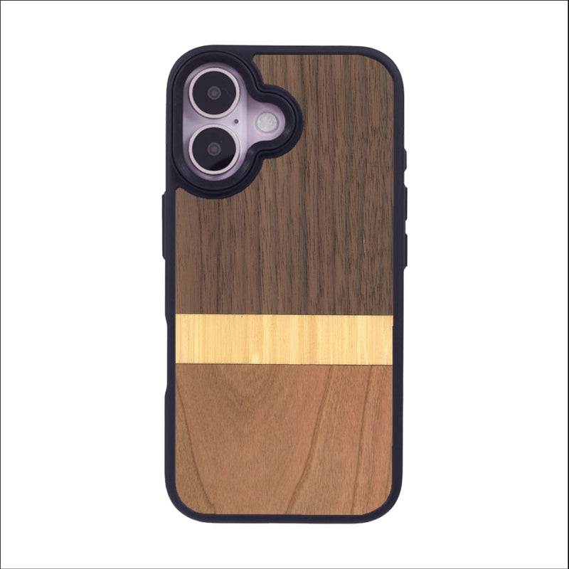 Coque de protection en bois véritable fabriquée en France pour iPhone 16 alliant des bandes horizontales de bambou, merisier et noyer