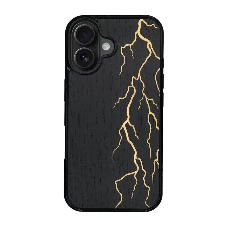 Coque de protection en bois véritable fabriquée en France pour iPhone 16 alliant plusieurs essences de bois pour représenter un éclair divin