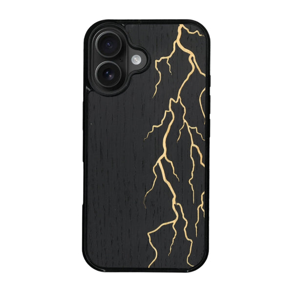 Coque de protection en bois véritable fabriquée en France pour iPhone 16 Plus alliant plusieurs essences de bois pour représenter un éclair divin