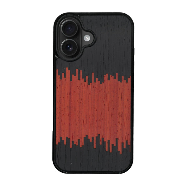 Coque de protection en bois véritable fabriquée en France pour iPhone 16 Plus alliant plusieurs essences de bois pour représenter du magma en fusion