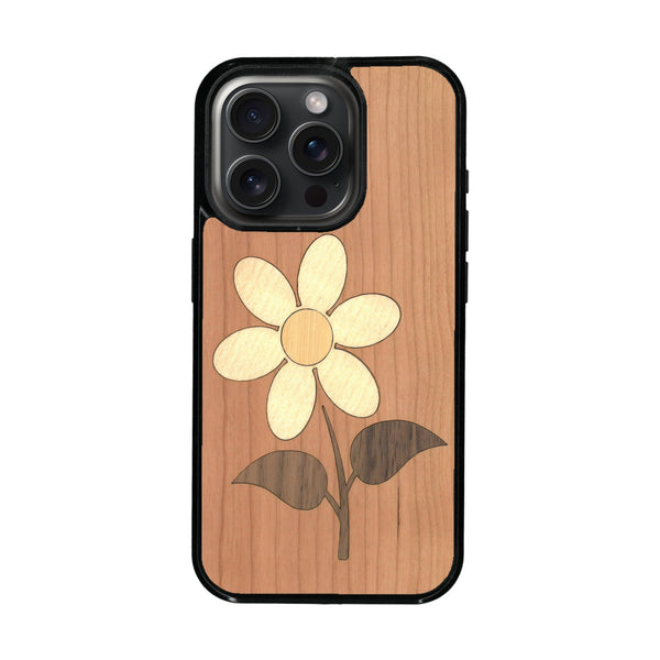 Coque de protection en bois véritable fabriquée en France pour iPhone 16 Pro + MagSafe® alliant plusieurs essences de bois pour représenter une marguerite