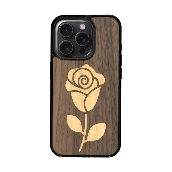 Coque de protection en bois véritable fabriquée en France pour iPhone 16 Pro Max + MagSafe® alliant plusieurs essences de bois pour représenter une rose