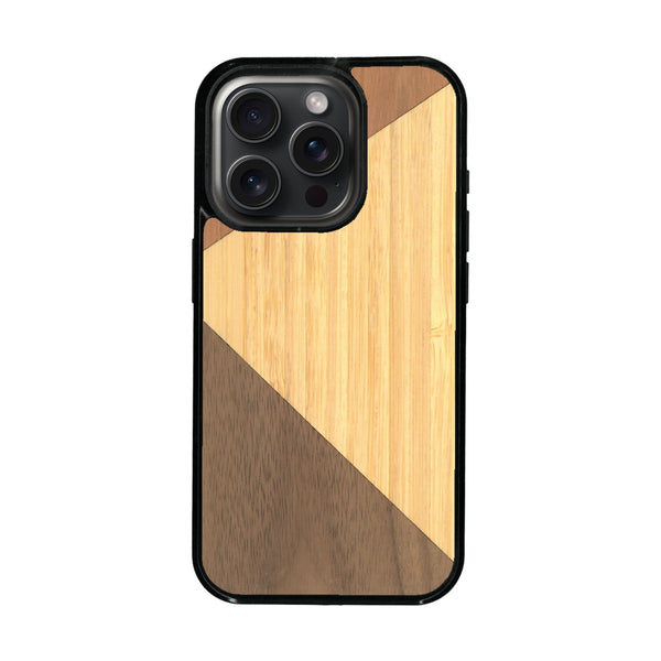 Coque de protection en bois véritable fabriquée en France pour iPhone 16 Pro Max + MagSafe® alliant du merisier, du noyer et du bambou formant chacun deux triangles et un trapèze avec deux jointures en diagonale sur le thème de l'art abstrait