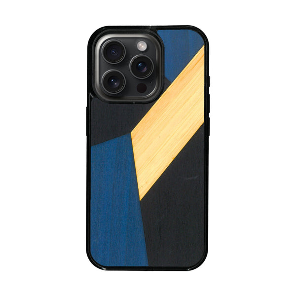 Coque de protection en bois véritable fabriquée en France pour iPhone 16 Pro alliant du bambou, du tulipier bleu et noir en forme de mosaïque minimaliste sur le thème de l'art abstrait