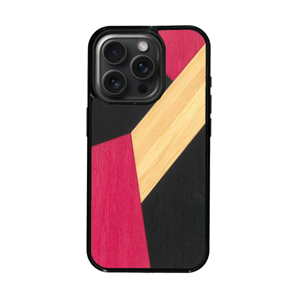 Coque de protection en bois véritable fabriquée en France pour iPhone 16 Pro Max + MagSafe® alliant du bambou, du tulipier rose et noir en forme de mosaïque minimaliste sur le thème de l'art abstrait