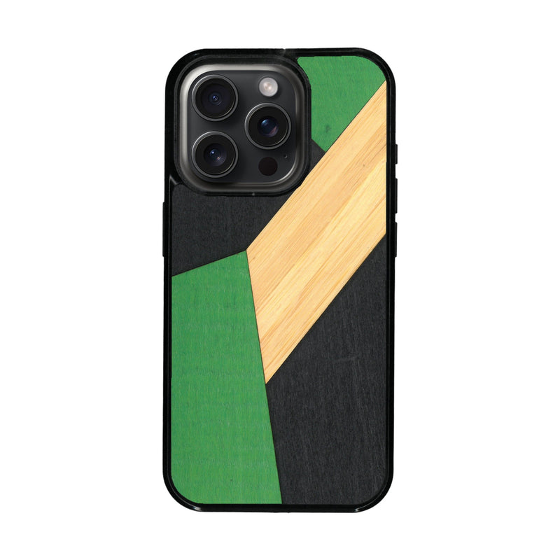 Coque de protection en bois véritable fabriquée en France pour iPhone 16 Pro alliant du bambou, du tulipier vert et noir en forme de mosaïque minimaliste sur le thème de l'art abstrait