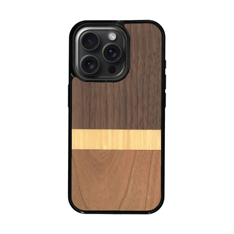 Coque de protection en bois véritable fabriquée en France pour iPhone 16 Pro alliant des bandes horizontales de bambou, merisier et noyer