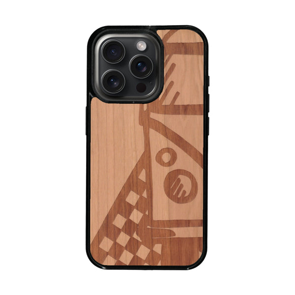 Coque de protection en bois véritable fabriquée en France pour iPhone 16 Pro sur le thème du voyage avec un van combi