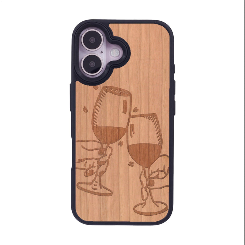 Coque de protection en bois véritable fabriquée en France pour iPhone 16 représentant une vue de face d'une flute de champagne dessinée à la main par l'artiste Maud Dabs