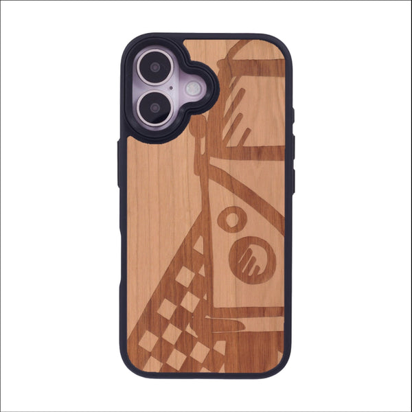 Coque de protection en bois véritable fabriquée en France pour iPhone 16 sur le thème du voyage avec un van combi