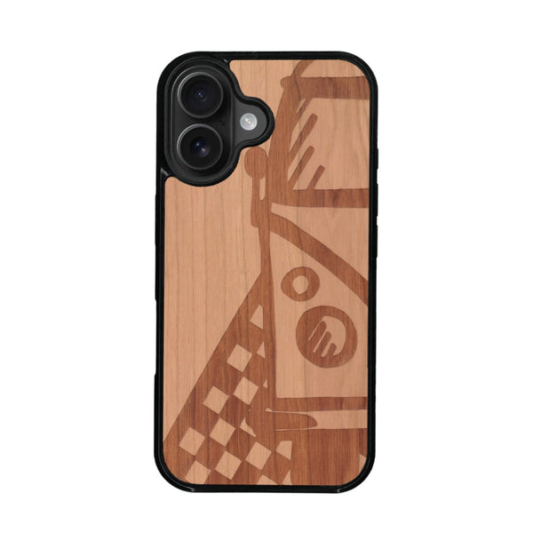 Coque de protection en bois véritable fabriquée en France pour iPhone 16 Plus + MagSafe® sur le thème du voyage avec un van combi