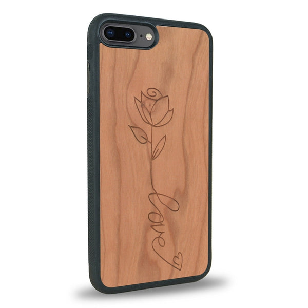 Coque de protection en bois véritable fabriquée en France pour iPhone 7 / 8 sur le thème de la fête des mères avec un motif représentant une fleur dont la tige forme le mot "love"