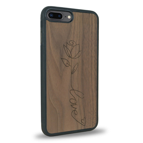 Coque de protection en bois véritable fabriquée en France pour iPhone 7 / 8 sur le thème de la fête des mères avec un motif représentant une fleur dont la tige forme le mot "love"