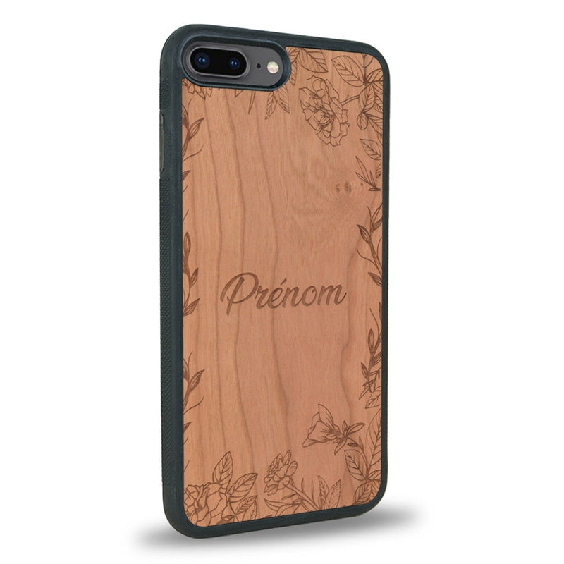 Coque de protection en bois véritable fabriquée en France pour iPhone 7 / 8 sur le thème de la fête des mères avec un motif représentant des fleurs et des feuilles