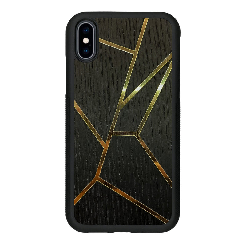 Coque de protection en bois véritable fabriquée en France pour iPhone X alliant plusieurs essences de bois pour représenter des fragments design