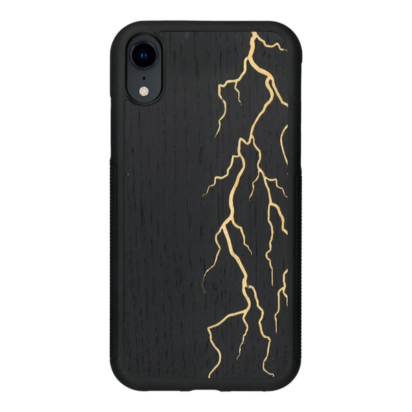 Coque de protection en bois véritable fabriquée en France pour iPhone XR alliant plusieurs essences de bois pour représenter un éclair divin