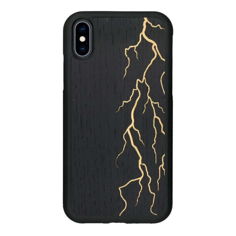 Coque de protection en bois véritable fabriquée en France pour iPhone XS Max alliant plusieurs essences de bois pour représenter un éclair divin