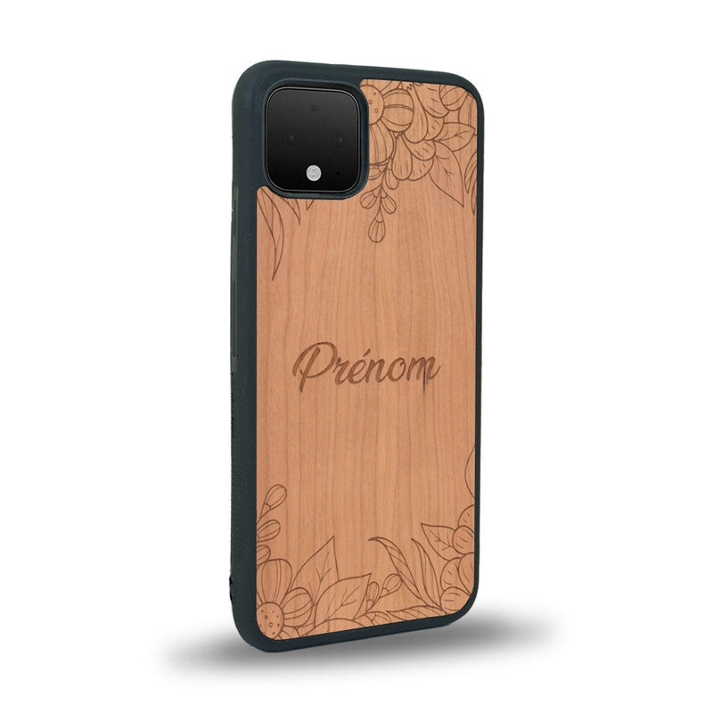 Coque de protection en bois véritable fabriquée en France pour Google Pixel 4 sur le thème de la fête des mères avec un motif représentant des fleurs et des feuilles