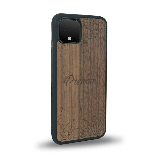 Coque de protection en bois véritable fabriquée en France pour Google Pixel 4 sur le thème de la fête des mères avec un motif représentant des fleurs et des feuilles