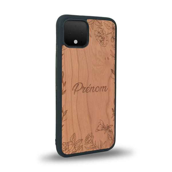 Coque de protection en bois véritable fabriquée en France pour Google Pixel 4 sur le thème de la fête des mères avec un motif représentant des fleurs et des feuilles