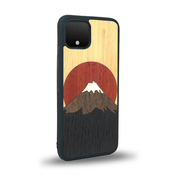 Coque de protection en bois véritable fabriquée en France pour Google Pixel 4 alliant plusieurs essences de bois pour représenter le mont Fuji