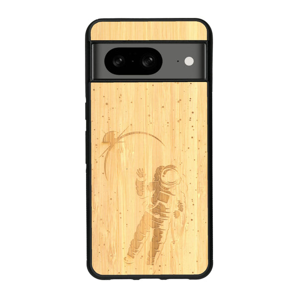 Coque de protection en bois véritable fabriquée en France pour Google Pixel 7A sur le thème des astronautes