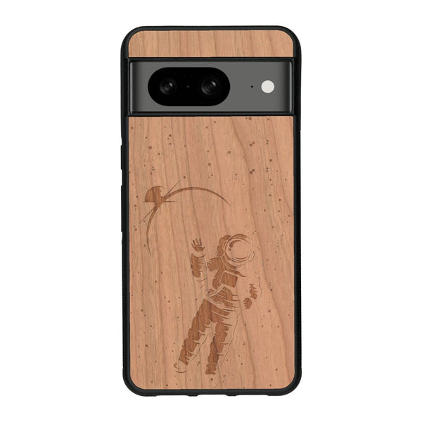 Coque de protection en bois véritable fabriquée en France pour Google Pixel 7A sur le thème des astronautes