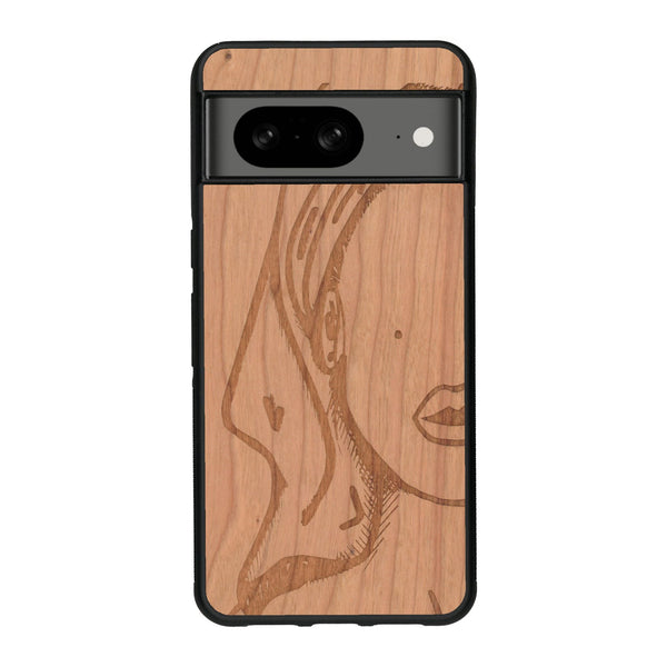 Coque de protection en bois véritable fabriquée en France pour Google Pixel 7A représentant une silhouette féminine épurée de type line art en collaboration avec l'artiste Maud Dabs