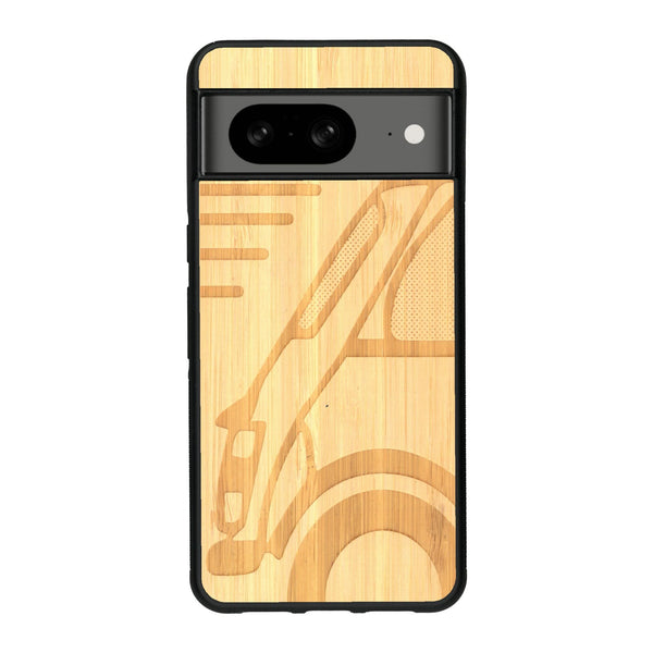 Coque de protection en bois véritable fabriquée en France pour Google Pixel 7A sur le thème de l'automobile avec une authentique Mini Cooper