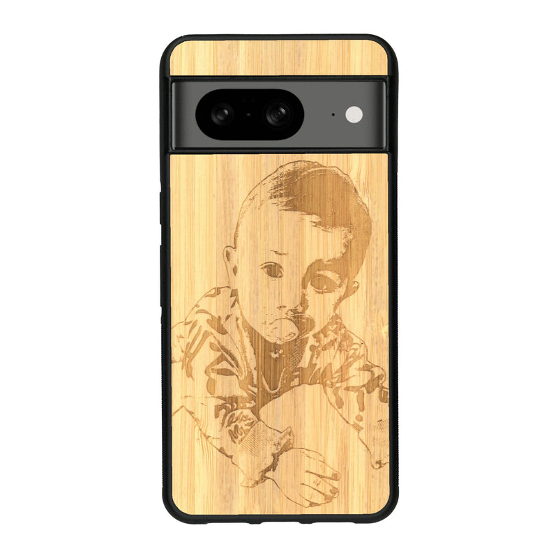 Coque de protection en bois véritable fabriquée en France pour Google Pixel 7A avec gravure personnalisée à partir d'une photo, d'une image, d'un logo, des initials ou d'une phrase