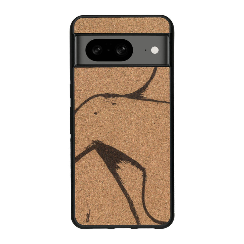 Coque de protection en bois véritable fabriquée en France pour Google Pixel 7A représentant une silhouette féminine dessinée à la main par l'artiste Maud Dabs