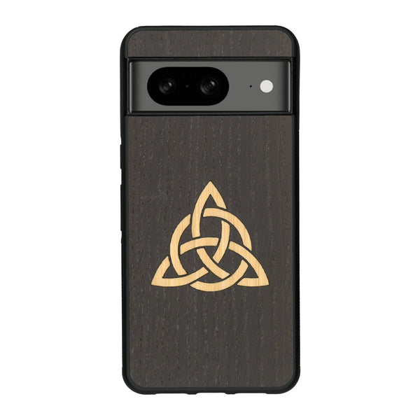 Coque de protection en bois véritable fabriquée en France pour Google Pixel 7A alliant du chêne fumé et du bambou représentant une triquetra