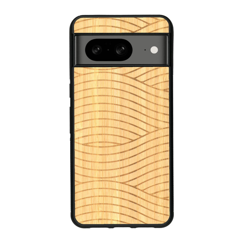 Coque de protection en bois véritable fabriquée en France pour Google Pixel 7A avec un motif moderne et minimaliste sur le thème waves et wavy représentant les vagues de l'océan