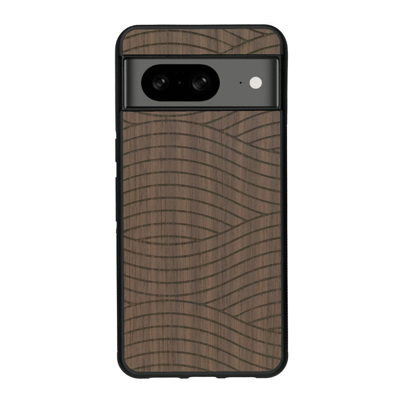 Coque de protection en bois véritable fabriquée en France pour Google Pixel 7A avec un motif moderne et minimaliste sur le thème waves et wavy représentant les vagues de l'océan