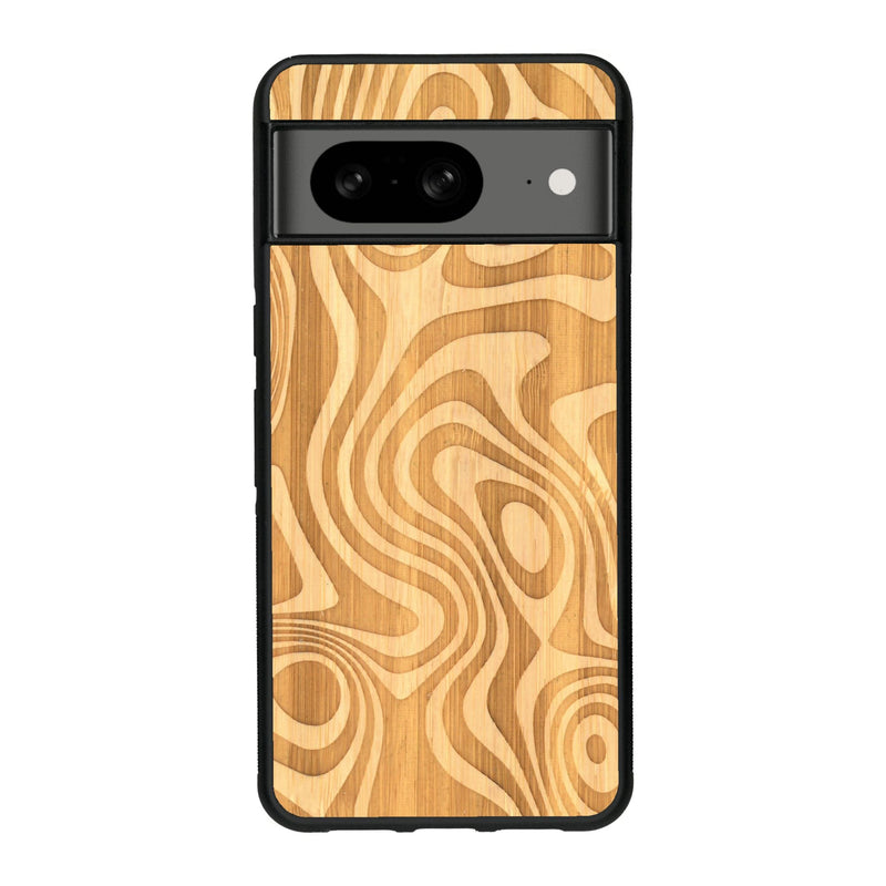 Coque de protection en bois véritable fabriquée en France pour Google Pixel 7A avec un motif abstrait représentant les mouvements de l'eau