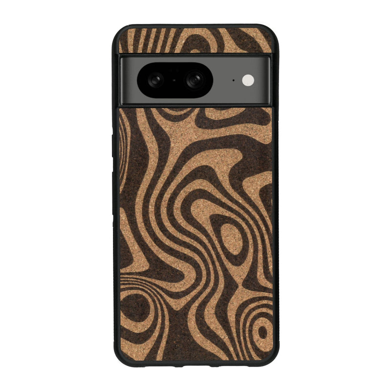 Coque de protection en bois véritable fabriquée en France pour Google Pixel 7A avec un motif abstrait représentant les mouvements de l'eau