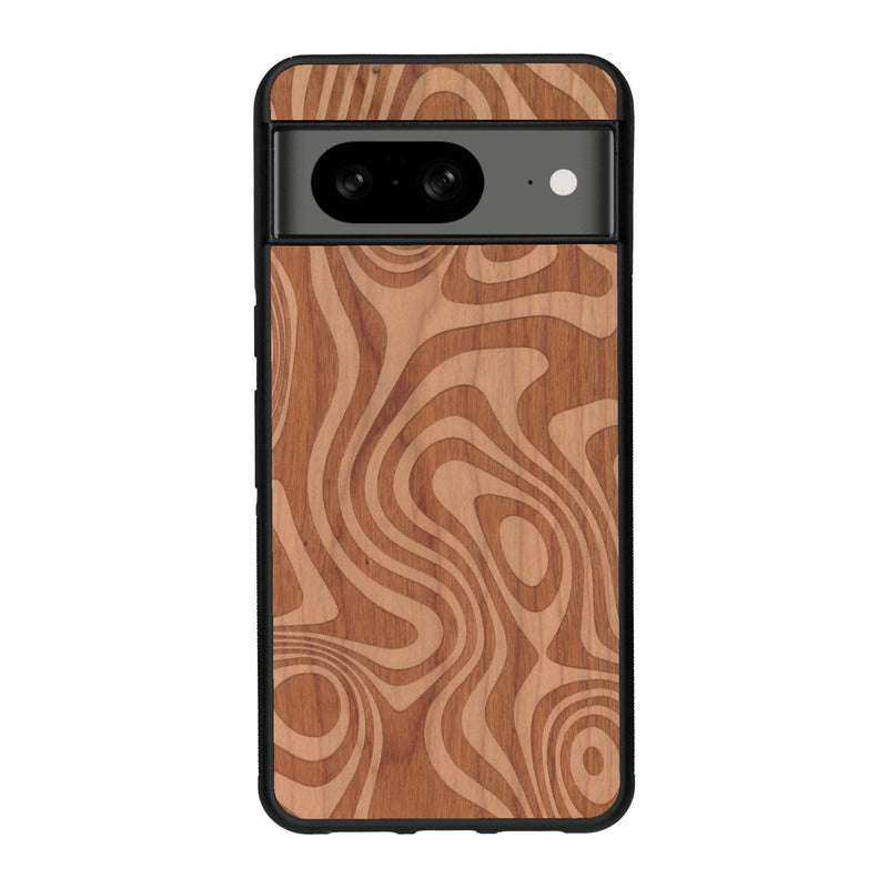 Coque de protection en bois véritable fabriquée en France pour Google Pixel 7A avec un motif abstrait représentant les mouvements de l'eau