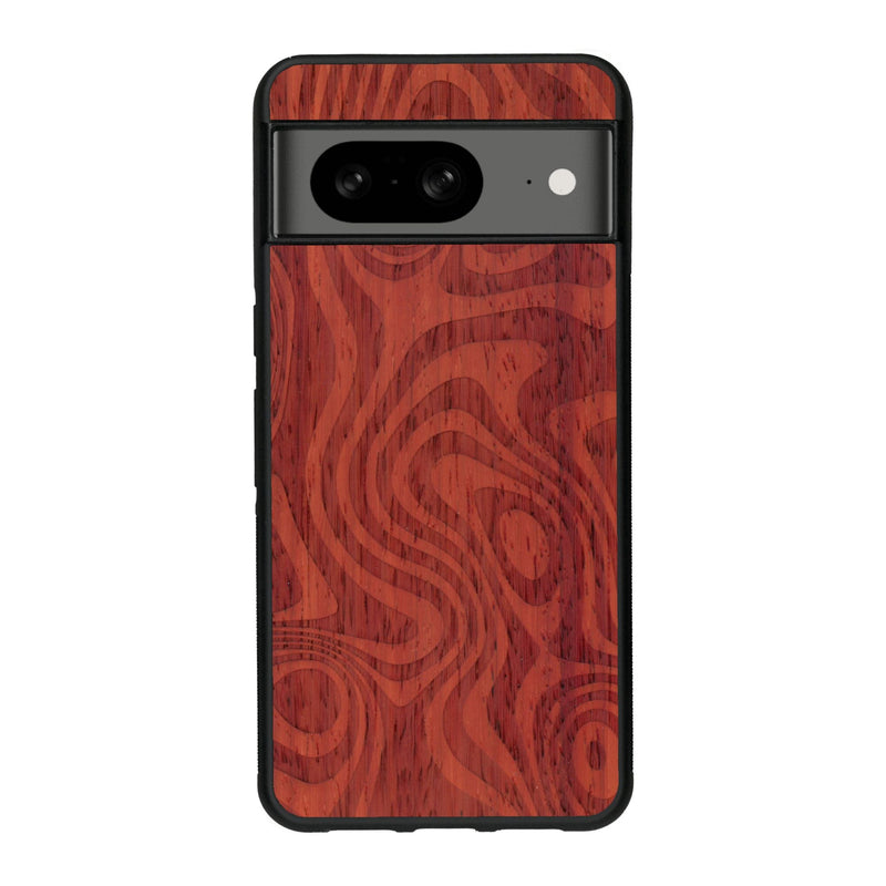 Coque de protection en bois véritable fabriquée en France pour Google Pixel 7A avec un motif abstrait représentant les mouvements de l'eau